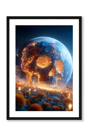 Day of the Dead altar with a giant sugar skull, orbiting above Earth, with cosmic candles flickering in space surreal celestial concept 
