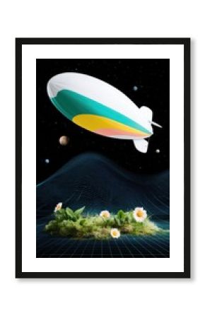 Pastel Planet with Floating Blimp and Daisies