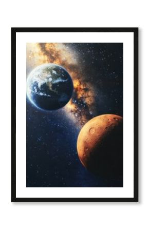 Earth and Mars in space with the Milky Way galaxy.
