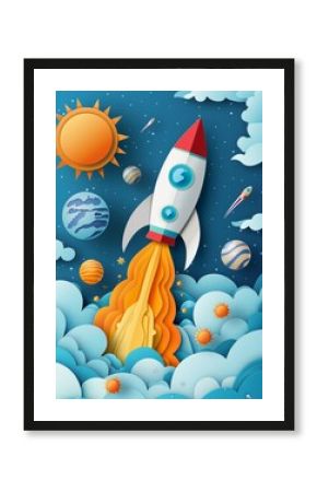 Illustration of a rocket launching through clouds into space with Earth and planets in background