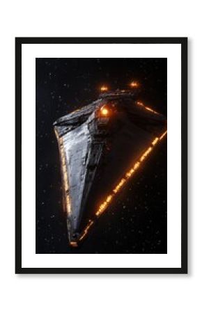Massive starship, dark gray hull,  orange accents,  space