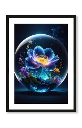 Vibrant blue and yellow flower inside a transparent glass orb floating in cosmic space with starry background and glowing effects