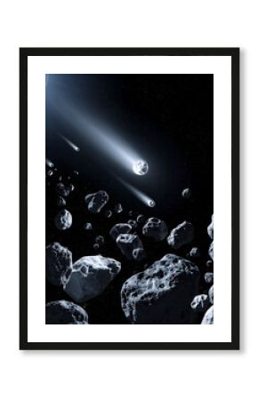Dramatic space scene depicting a swarm of asteroids and meteoroids against a starry backdrop. Use for science, space exploration, potential, and cosmic themes.