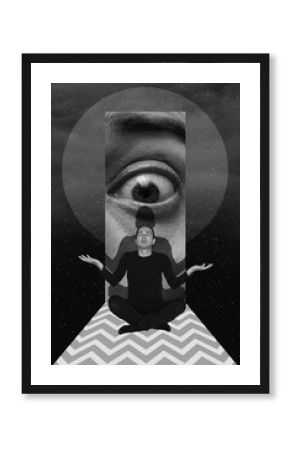 The man is meditating in front of a giant eye