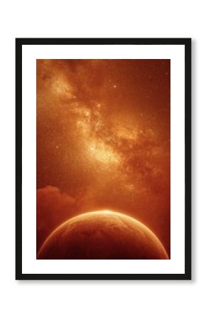 Vertical banner, wallpaper for social media of A surreal outer space scene with a golden-red ombre color scheme, prioritizing golden tones. The cosmic background features shimmering galactic
