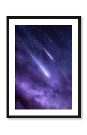 Vibrant purple nebula streaked with falling stars in deep space