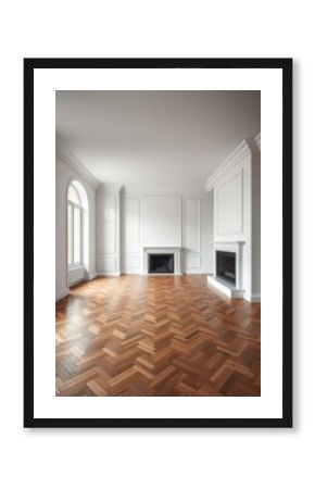 Empty living room with herringbone parquet floor and fireplace in white empty apartment in paris france Empty room interior design architecture blank design room striking structures clean lines