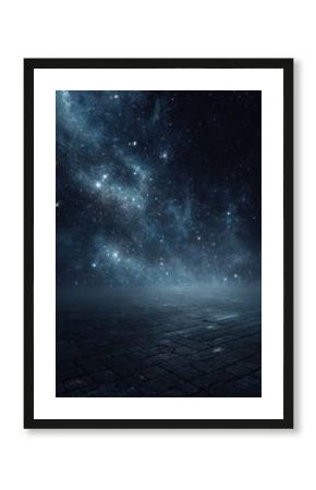 Dark paved ground under a vast night sky filled with stars and nebulae