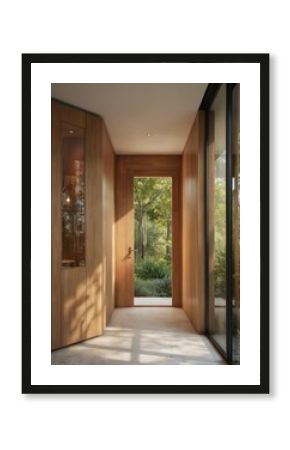 Modern home entrance with natural wood, glass elements. Sleek architectural design connects interior space with lush garden green plants. Inviting minimalist aesthetic offers warmth, light, serenity.