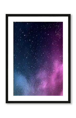 Vibrant purple and blue nebula clouds swirl through deep space with glowing dust and bright stars on a black backdrop, creating a cosmic dreamscape.