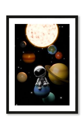 Cartoon 3d astronaut exploring planets and stars in outer space