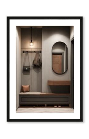 Modern hallway with neutral tones, a bench, mirror, and coat hooks