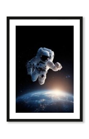 Astronaut floating above Earth with sunrise glow and deep space backdrop perfect for sci-fi posters, space exploration themes and futuristic science visuals