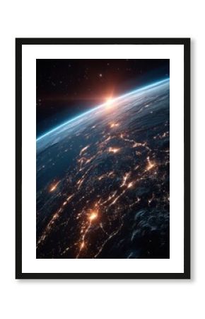 A mesmerizing view of Earth from space, showing glowing city lights with a vibrant sunrise on the horizon, ideal for sci-fi, technology, or global awareness themes.
