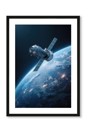 Satellite orbiting Earth from space station perspective showing planet surface and city lights in dark blue atmosphere