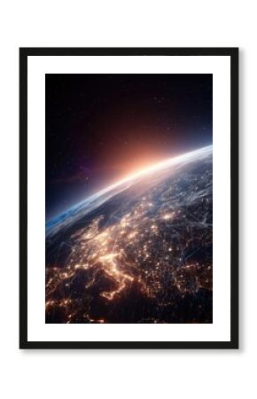 Earth's European lightscape from space.  Sunrise glows on the horizon.  Network of city lights, highways, and connecting lines are visible across Europe.  A detailed view of a planet's civilization