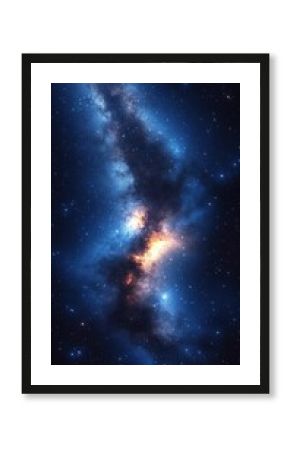 Bright and colorful view of a galaxy with glowing blue and orange nebulae surrounded by numerous shining stars in space
