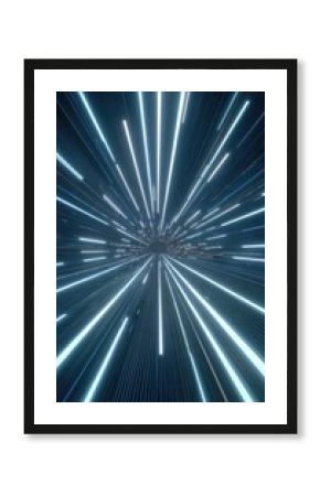 Glowing blue lines radiate outwards from a central vanishing point, creating a sense of speed and depth within a dark, abstract space