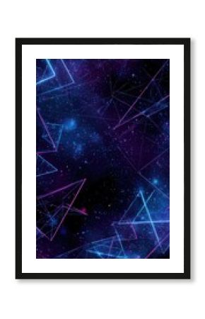 Glowing purple and blue triangles on a dark, starry background.  Intricate wireframe design evokes a sense of cosmic energy and depth