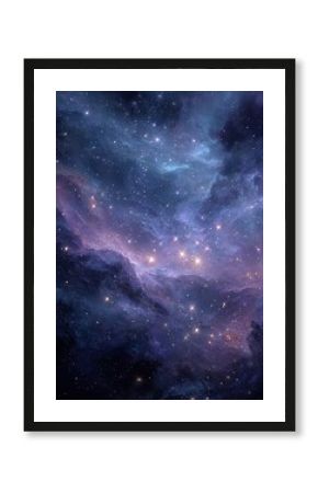 Deep space nebula, swirling clouds of cosmic dust and stars.  Vast expanse of vibrant purples, blues, and pinks.  Starlight sprinkled throughout