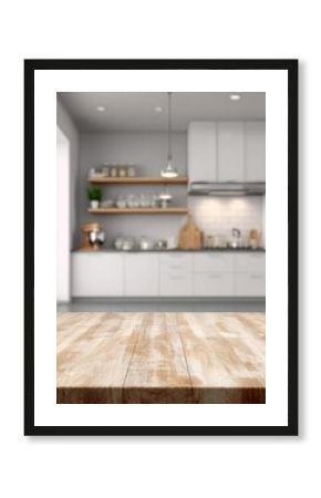 A stylish kitchen features a wooden table adorned with a vase of flowers. Bright natural light floods the space through large windows, highlighting the minimalist decor.