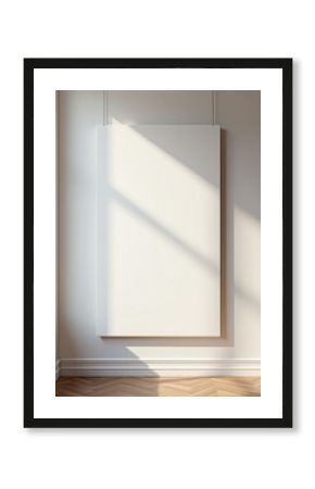 Blank vertical canvas mockup leaning against a white wall in a sunlit, minimalist room with a green houseplant and natural shadows