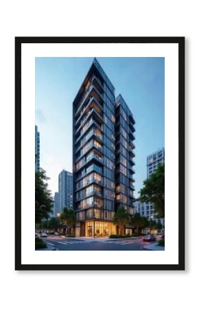 Modern condo office building with sleek glass facade and urban cityscape backdrop  Ideal for real estate, architecture, and business websites , commercial, business