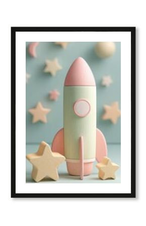 Pastel rocket ship surrounded by stars and moons on a light blue background