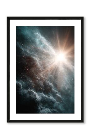 Abstract cosmic cinematic background with glowing white dust particles floating in dark space illuminated by radiant light creating a dreamy futuristic atmosphere with depth and motion effect
