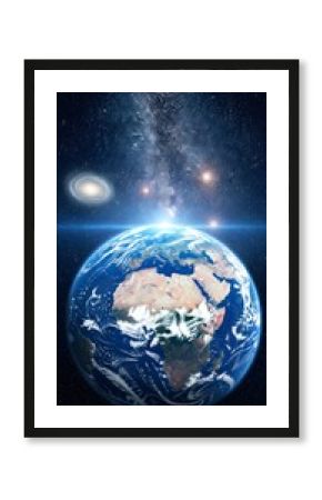 Planet Earth view from space showing Africa, Europe, and Middle East with galaxy, stars, and cosmic light, symbolizing global unity, nature, and universe exploration