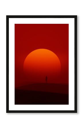 Solitary Figure Facing a Giant Red Sun in a Minimal Desert Scene