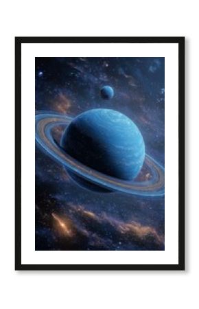A blue gas giant planet with prominent rings surrounded by stars and cosmic dust in deep space