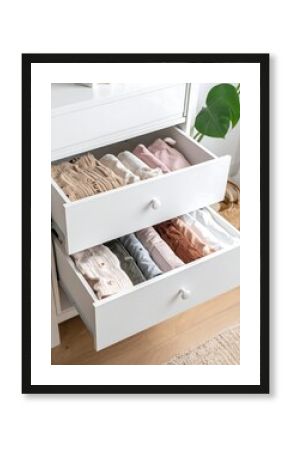 Neatly folded clothes in two open drawers of a white dresser