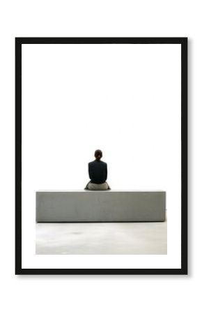 Woman sitting alone on a minimalist concrete bench against a white wall in quiet contemplation