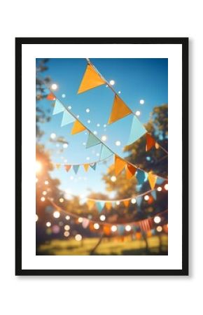 Colorful bunting flags hanging on blurred natural background. Summer or autumn festival or birthday celebration concept. Party, event, picnic in park. Backdrop for design with copy space