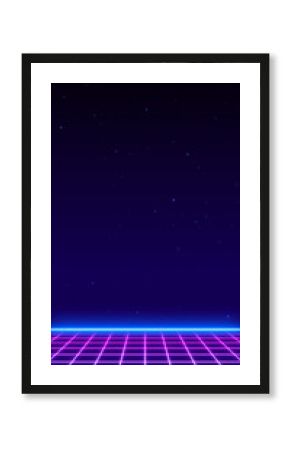 3D Synthwave terrain landscape, digital blue purple glow cyberspace laser neon grid floor perspective, abstract futuristic retrowave poster design, 80s retro night arcade game tech style background