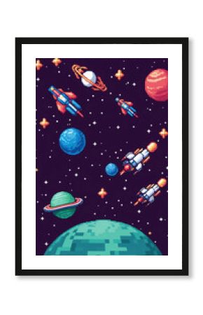 Pixelated outer space scene with planets, stars, and spaceships – vintage arcade game style