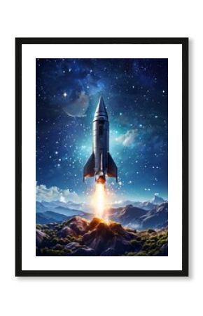 A futuristic rocket blasting off into a star-filled night sky, symbolizing exploration, innovation, and technology. Perfect for illustrating space exploration, scientific advancement, and adventure.