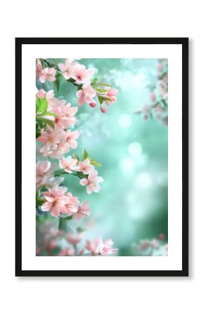 Beautiful blurred spring background nature with blooming glade, trees and blue sky on a sunny day spring poster template with large copy space for text