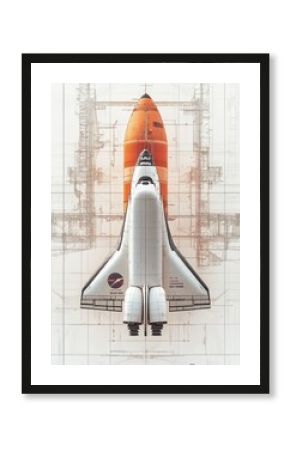 A space shuttle, with an escape pod, is shown against a blueprint background.