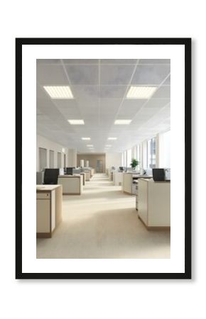 Modern Office Interior Design with White Ceiling Tiles and Carpeted Floor