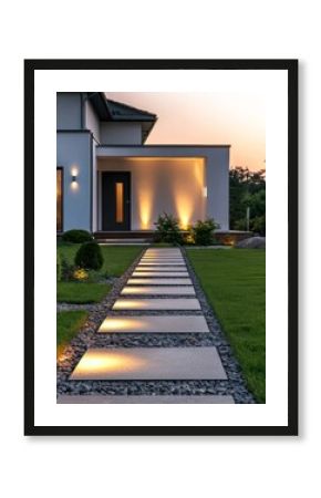 Modern Pathway with Illuminated Stones and Greenery