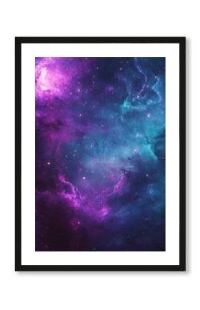 Colorful nebula of light. Abstract starry space scene. Deep purple and teal swirls. Holographic effects with glowing dots. Vertical texture poster header banner cover design template