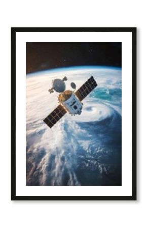 Realistic shot of a satellite floating above the Earth's surface, with the Earth in view and two hurricanes visible on its horizon.