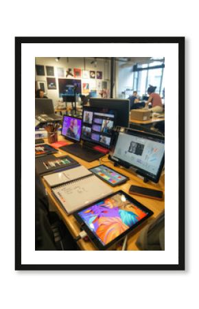 Digital Illustration Workshop with Designers Creating Vibrant Artwork on Tablets and Laptops