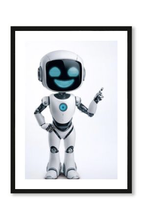 Cute AI robot pointing copy space beside her with smile and happy feeling on white