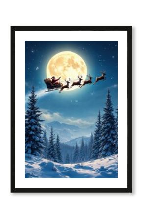 Santa Claus in a sleigh with reindeer flies over the earth in the night starry sky