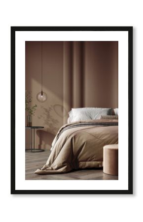 Bedroom in pastel tone Mocha Mousse color trend 2025 year panton furniture and background. Modern luxury room interior home design. 3d render