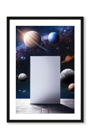 Picture of a space scene with planets and a blank board