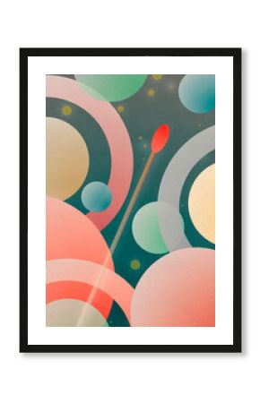 Abstract retro space illustration with a spaceship and planets.